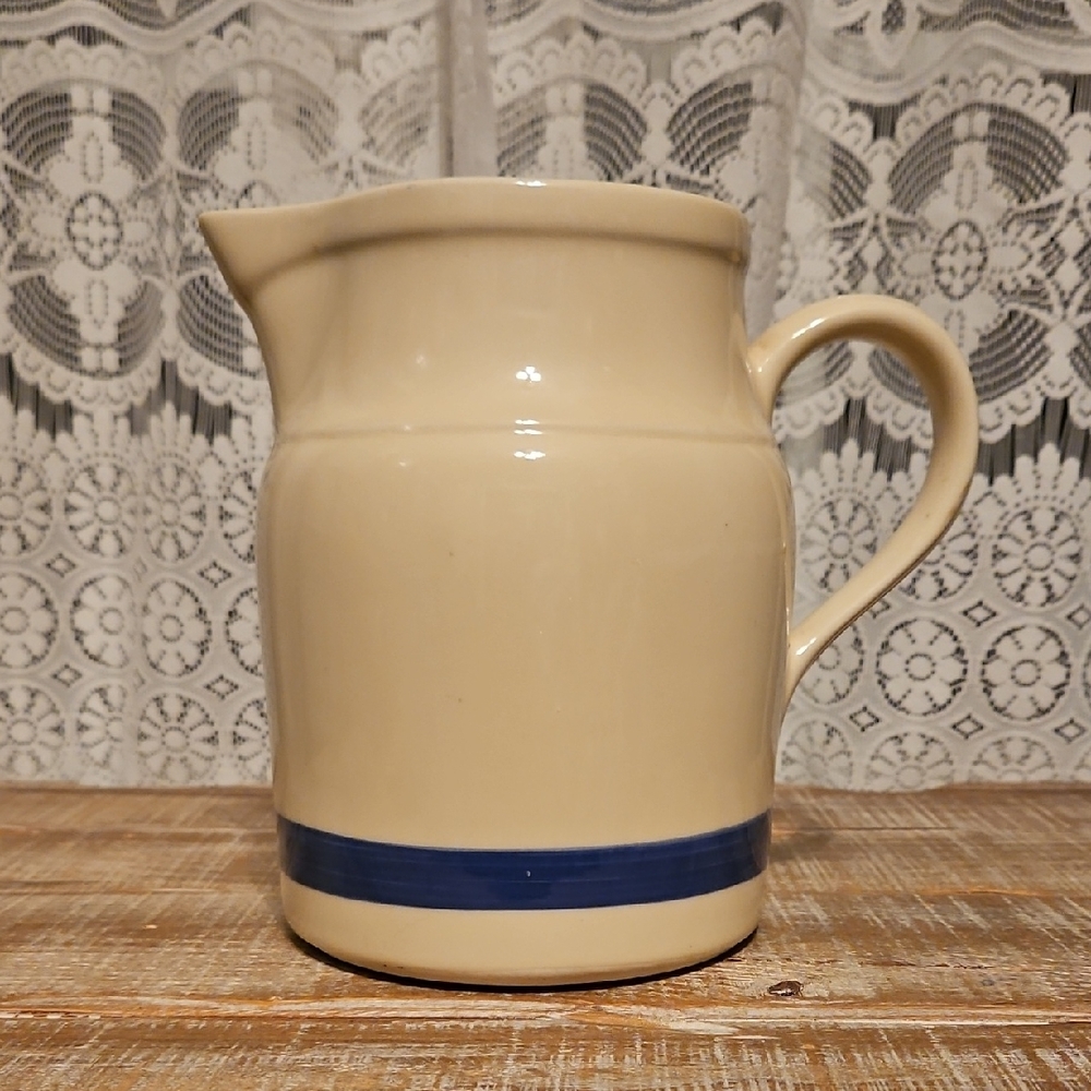 Vintage | Roseville Ohio Pottery Cream Pitcher with Blue Stripe